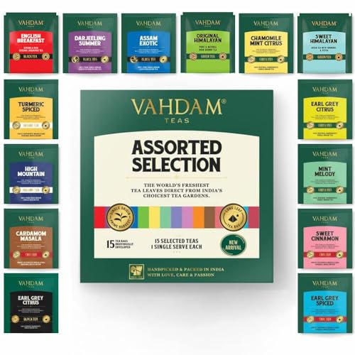 VAHDAM, Tea Variety Pack, 15 FLAVOURS | Award Winning Tea Sampler | Black Tea, Green Tea, Oolong Tea, Chai Tea, Herbal Tea- Long Leaf Pyramid Tea Bags | Christmas Tea Gifts for Everyone by Vahdam