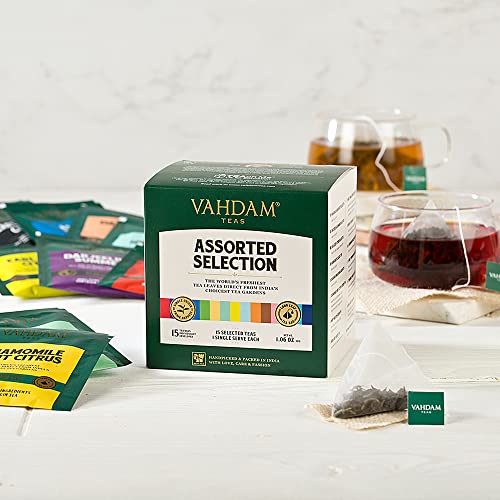 VAHDAM, Tea Variety Pack, 15 FLAVOURS | Award Winning Tea Sampler | Black Tea, Green Tea, Oolong Tea, Chai Tea, Herbal Tea- Long Leaf Pyramid Tea Bags | Christmas Tea Gifts for Everyone by Vahdam