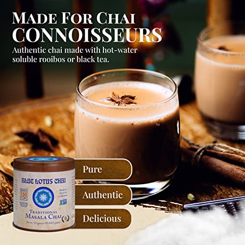 Blue Lotus Chai - Traditional Masala Chai - Makes 100 Cups - 3 Ounce Masala Spiced Chai Powder with Organic Spices - Instant Indian Tea No Steeping - No Gluten by BLUE LOTUS