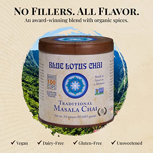 Blue Lotus Chai - Traditional Masala Chai - Makes 100 Cups - 3 Ounce Masala Spiced Chai Powder with Organic Spices - Instant Indian Tea No Steeping - No Gluten by BLUE LOTUS