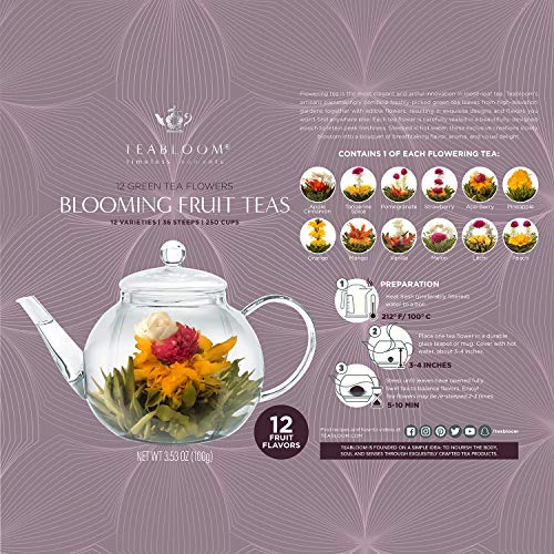 Teabloom Fruit Blooming Teas â 12 Unique Flower Varieties of Blooming Tea in 12 Delicious Fruit Flavors â Each Flowering Tea Ball Steeps Up to 3 Times â Handpicked Ingredients from Teabloom