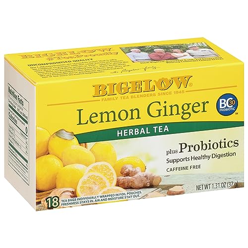 Bigelow Lemon Ginger plus Probiotics Herbal Tea bags, 18 Count Box (Pack of 6) Caffeine Free Herbal Tea, 108 Tea Bags Total from Bigelow