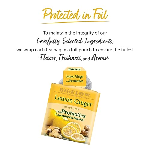 Bigelow Lemon Ginger plus Probiotics Herbal Tea bags, 18 Count Box (Pack of 6) Caffeine Free Herbal Tea, 108 Tea Bags Total from Bigelow