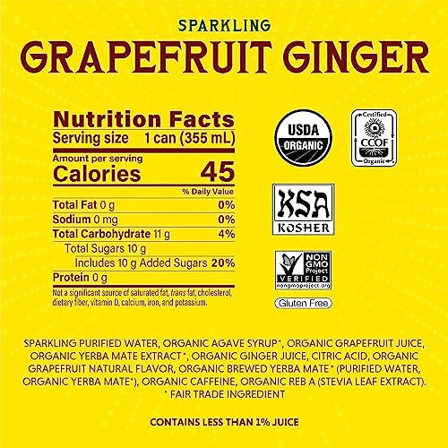 Guayaki Yerba Mate, Grapefruit Ginger, Organic Sparkling Alternative to Soda, Tea, and Energy Drinks, 12 Ounce Cans (Pack of 12), Reduced Calorie with 45 Calories Per Can, 80mg Caffeine from The Yerba Mate Co.