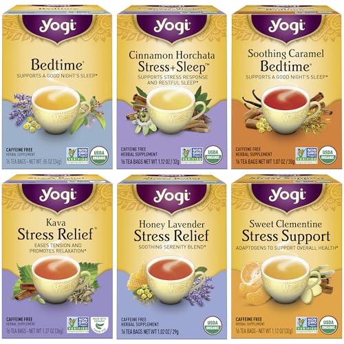 Yogi Tea - Stress Relief and Herbal Tea Variety Pack Sampler (6 Pack) - Bedtime, Kava, Soothing Caramel, Honey Lavender, Calming, and Sweet Clementine - Caffeine Free - 96 Organic Herbal Tea Bags by Yogi