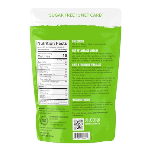 Lakanto Sugar Free Matcha Latte - Green Tea Powder Shelf Stable Probiotics and Fiber, Sugar Free, Monkfruit Sweetener, Keto Diet Friendly, Vegan, Detox and Destress, Antioxidants, Authentic (10 Oz) from Lakanto