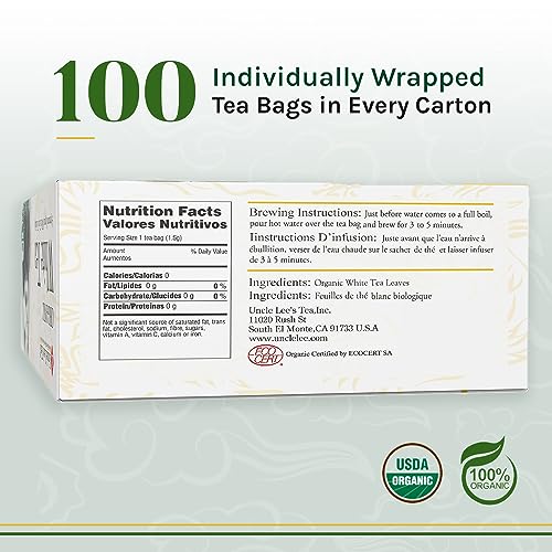Uncle Lee's Tea Organic White Tea, Tea Bags, 100-Count Boxes (Pack of 4) from Uncle Lee's Tea