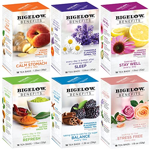 Bigelow Tea Benefits Wellness Teabag Variety Pack, Mixed Caffeinated Green Matcha & Caffeine-Free Herbal Tea, 18 Count Box (Pack of 6) 108 Tea Bags Total from AmazonUs/RCBC9