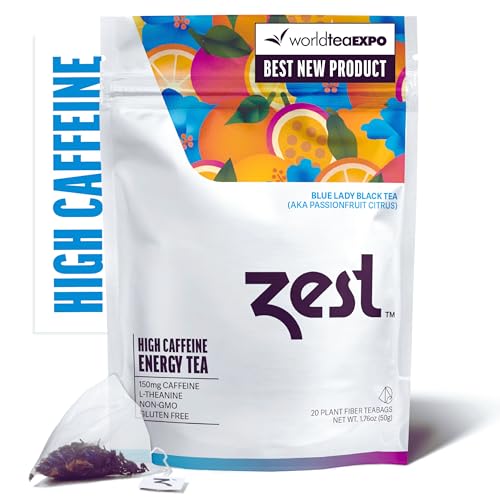 Zest High Caffeine Energy Hot Tea Blend, Natural & Healthy Coffee Substitute, Perfect for Keto & Whole 30, 20 servings (150mg Caffeine each), Compostable Teabags (No Plastic) - Blue Lady Black Tea by Zest Tea