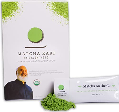 Dr. Weil Matcha Kari Superior Japanese Matcha Green Tea Sticks - Organic Ceremonial Grade Powder Single Serve Packets - 1.5 Gram Individual Packs Matcha Stick Singles (12 Sticks) by Matcha Kari