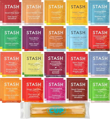 Stash Herbal & Decaf Tea Sampler - 40 Tea Bag, 20 Flavor Assortment - With By The Cup Honey Sticks by The Stash Tea Company
