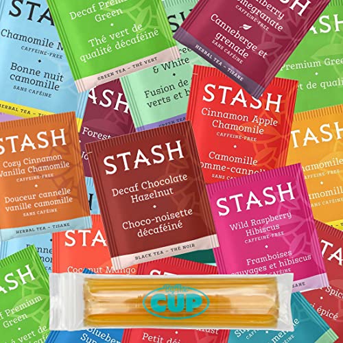 Stash Herbal & Decaf Tea Sampler - 40 Tea Bag, 20 Flavor Assortment - With By The Cup Honey Sticks by The Stash Tea Company