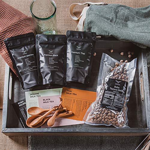 Locca Premium Boba Tea Kit (24+ Drinks) with Boba Cards, Loose Leaf Teas, Tapioca Pearls (Boba) DIY Boba Kit with Thai, Jasmine, Black (Thai Bliss Edition) from Locca