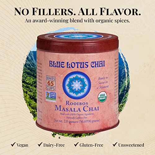 Blue Lotus Chai - Rooibos Flavor Masala Chai - Makes 65 Cups - 2 Ounce Masala Spiced Chai Powder with Organic Spices - Instant Indian Tea No Steeping - No Gluten by BLUE LOTUS