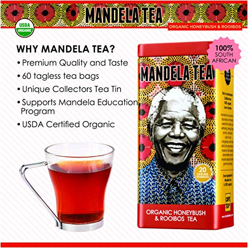 Mandela Tea Organic Honeybush & Rooibos Tea (60 Bags) | Red Herbal Tea from South Africa | Includes Stay Fresh Tin | No Calories or Caffeine | Antioxidant Rich All Natural Tea Leaves from Cape Tea Co.