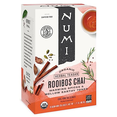 Numi Organic Tea Rooibos Chai, 18 Count Box of Tea Bags, Herbal Teasan, Caffeine-Free (Packaging May Vary) from Numi