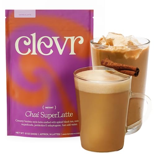 Clevr Chai SuperLatte â Chai Tea Latte Mix, Masala Chai Spices with Oat Milk and Coconut Cream, Powered by Adaptogens, Reishi & Lionâs Mane Mushrooms + Probiotics, Powder Mix with Ashwagandha by Clevr