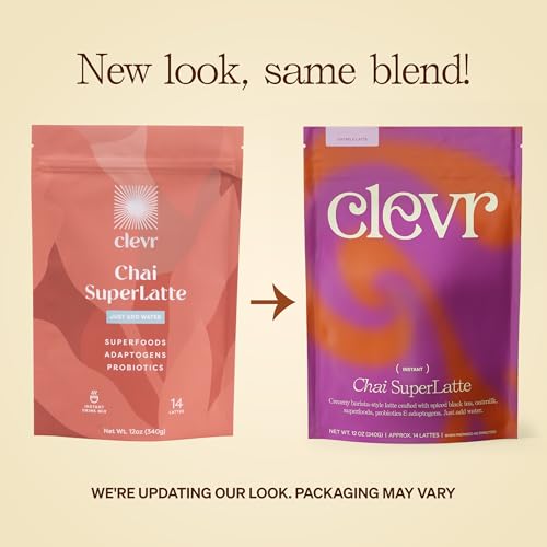 Clevr Chai SuperLatte â Chai Tea Latte Mix, Masala Chai Spices with Oat Milk and Coconut Cream, Powered by Adaptogens, Reishi & Lionâs Mane Mushrooms + Probiotics, Powder Mix with Ashwagandha by Clevr