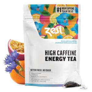 Zest High Caffeine Energy Hot Tea Blend, Natural & Healthy Coffee Substitute, Perfect for Keto & Whole 30, 20 servings (150mg Caffeine each), Compostable Teabags (No Plastic) - Blue Lady Black Tea by Zest Tea