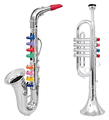 CLICK N' PLAY Set of 2 Musical Wind Instruments for Kids - Metallic Silver Saxophone and Trumpet Horn from Homeco
