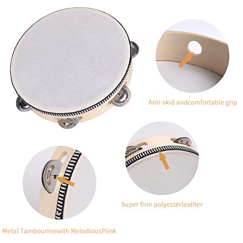 Dreokee 8 inch Tamborines, Tambourine for Adults Wood Handheld Drum Bell Single Row 6 Pairs Jingles Musical Educational Instrument for Kids Church,KTV,Party,Games from Dreokee