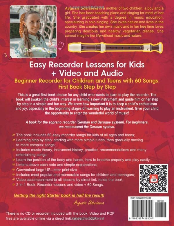 Easy Recorder Lessons for Kids + Video and Audio: Beginner Recorder for Children and Teens with 60 Songs. First Book Step by Step from Independently published