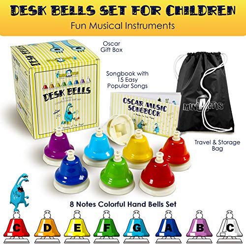 MINIARTIS Desk Bells Set for Kids | 8 Notes Diatonic Colorful Metal Hand Bells | Kids Musical Instruments | Music Songbook & Carry Case Included | Great Holiday Birthday Gift for Children from MiniArtis