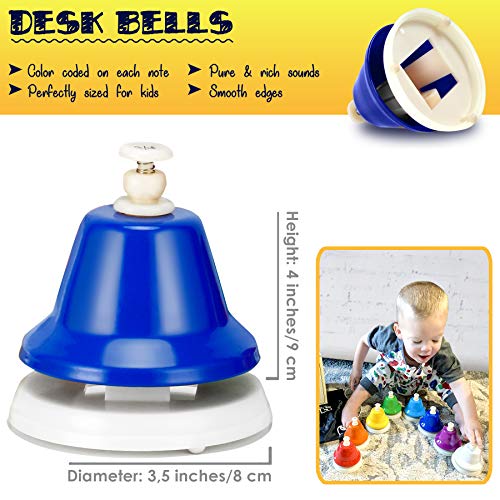 MINIARTIS Desk Bells Set for Kids | 8 Notes Diatonic Colorful Metal Hand Bells | Kids Musical Instruments | Music Songbook & Carry Case Included | Great Holiday Birthday Gift for Children from MiniArtis