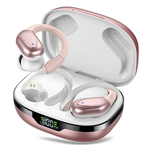 CASCHO Wireless Earbuds, Bluetooth 5.3 Headphones, 60Hrs Playback HD Stereo Audio LED Display, Over-Ear IPX7 Waterproof Earphones with Earhooks, Built-in Mic, Type-C, for Sports (Rose Gold) by CASCHO