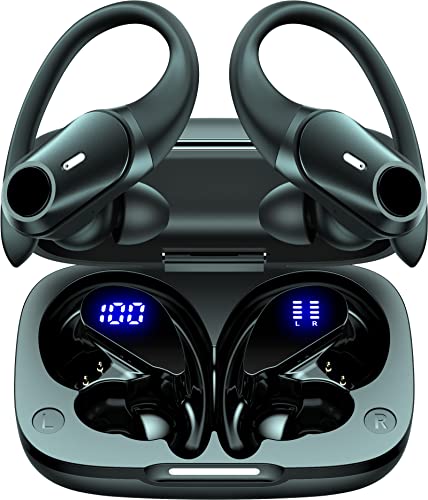 GOLREX Bluetooth Headphones Wireless Earbuds 36Hrs Playtime Wireless Charging Case Digital LED Display Over-Ear Earphones with Earhook Waterproof Headset with Mic for Sport Running Workout Black by GOLREX