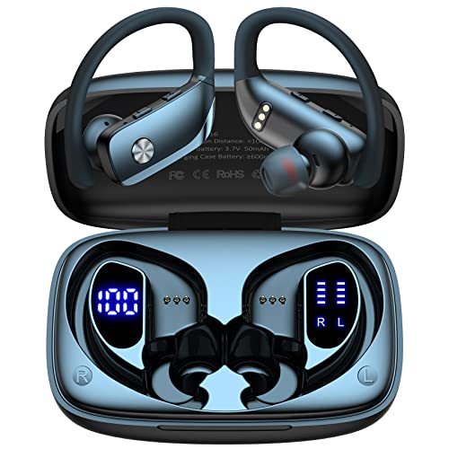 Wireless Earbuds Bluetooth Headphones 48hrs Play Back Sport Earphones with LED Display Over-Ear Buds with Earhooks Built-in Mic Headset for Workout Black BMANI-VEAT00L from BMANI