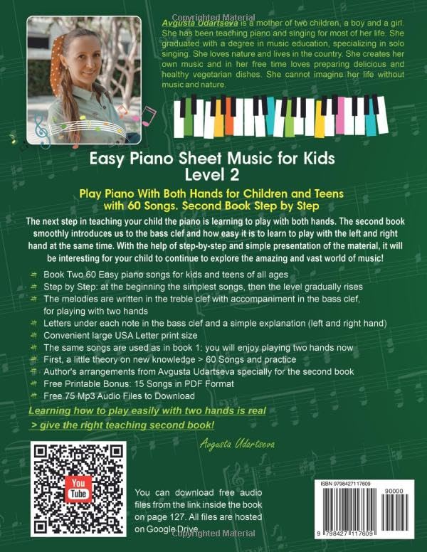 Easy Piano Sheet Music for Kids Level 2: Play Piano With Both Hands for Children and Teens with 60 Songs. Second Book Step by Step (+ Free Audio) by Independently published