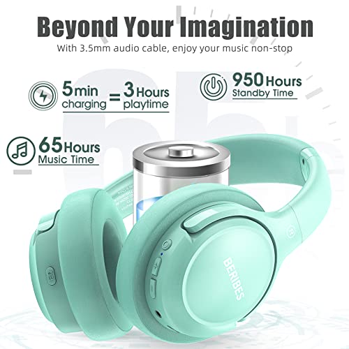 Bluetooth Headphones Over Ear,BERIBES 65H Playtime and 6 EQ Music Modes Wireless Headphones with Microphone,HiFi Stereo Foldable Lightweight Headset, Deep Bass for Home Office Cellphone PC Etc.(Green) from BERIBES