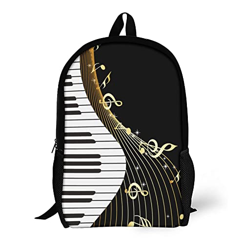 WZOMT Unisex Music School Backpack Casual White Piano Keyboard Gold Music Notes on Black Daypack Travel Knapsack Elementary Middle College Book Bags for Teen Girls Boys Women Mens, Large 17" from WZOMT