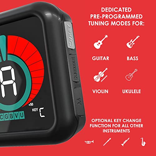 KLIQ UberTuner-Max - Rechargable Professional Clip-On Tuner for All Instruments -with Ocatve Indicator (multi-key modes) - with Guitar, Ukulele, Violin, Bass & Chromatic Tuning Modes by KLIQ Music Gear