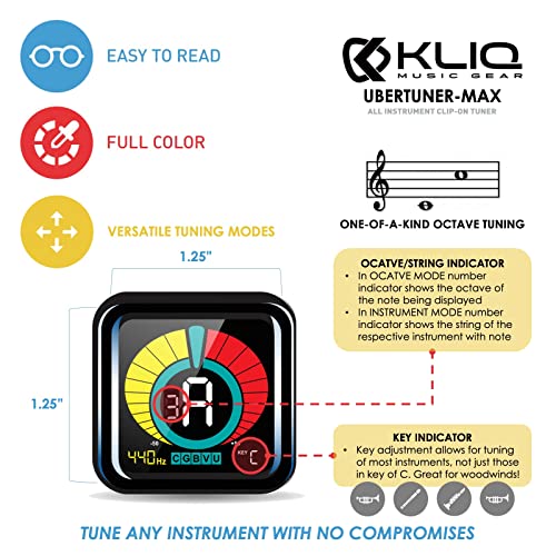 KLIQ UberTuner-Max - Rechargable Professional Clip-On Tuner for All Instruments -with Ocatve Indicator (multi-key modes) - with Guitar, Ukulele, Violin, Bass & Chromatic Tuning Modes by KLIQ Music Gear