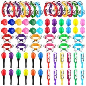Silipull 72 Pcs Shaker Musical Instruments for Kids, Egg Shaker, Wrist Hand Band Bells, Maracas Shakers, Percussion Tambourine, Cymbals, Plastic Castanets for Preschool Early Music Learning Toy