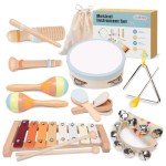 Toddler Musical Instruments Set - Montessori Toys Wooden Percussion Baby Drum Xylophone Maracas Set, Sensory Toys for 18 Month Old Preschool Music Education, 2 3 4 Year Old Girl Boy Birthday Gifts