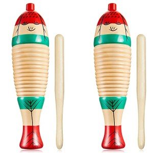 2 Pieces Colorful Fish Shaped Guiro Instrument Latin Percussion Musical Wooden Frog Instrument Musical Percussion for Adults Kids with Rhythm Sticks