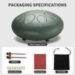 Rain Drum for Outside Garden, 6 Inches 8 Notes Steel Tongue Chakra Drum, Waterproof Rain Chime Meditation Drum, Musical Instruments for Adult Gift with Drum Bag, Music Book, Drum Mallets (Green)