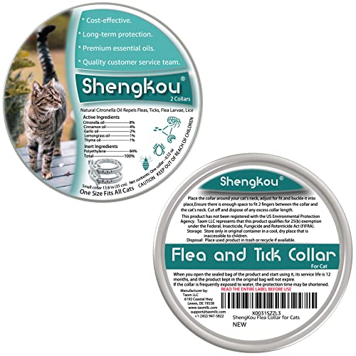 Flea and Tick Collar for Cat, Made with Natural Plant Based Essential Oil, Safe and Effective Repels Fleas and Ticks, Waterproof, 12 Months Protection, 13.8 in (2 Packs) from Taom LLC