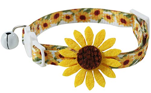 Flower Cat Collar with Detachable Sunflower Charm,Yellow Breakaway Kitten Collar with Bell from Upaw