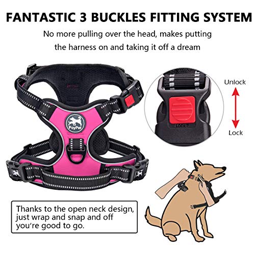 PoyPet No Pull Dog Harness, No Choke Front Lead Dog Reflective Harness, Adjustable Soft Padded Pet Vest with Easy Control Handle for Small to Large Dogs(Pink, Medium) from PoyPet