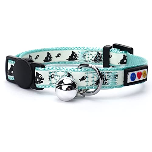 Pawtitas Glow in The Dark Cat Collar with Safety Buckle and Removable Bell Cat Collar Kitten Collar Teal Cat Collar by Pawtitas