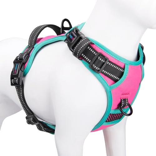 PHOEPET 2019 Upgraded No Pull Dog Harness, Reflective Adjustable Vest, with a Training Handle + 2 Metal Leash Hooks+ 3 Snap Buckles +4 Slide Buckles(L, Pink) by PHOEPET