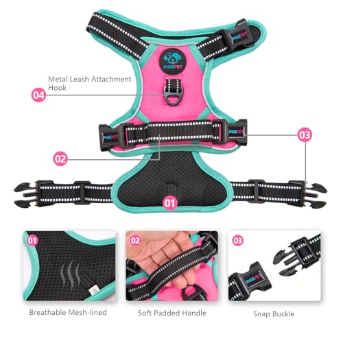 PHOEPET 2019 Upgraded No Pull Dog Harness, Reflective Adjustable Vest, with a Training Handle + 2 Metal Leash Hooks+ 3 Snap Buckles +4 Slide Buckles(L, Pink) by PHOEPET
