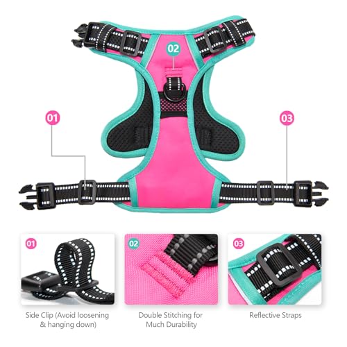 PHOEPET 2019 Upgraded No Pull Dog Harness, Reflective Adjustable Vest, with a Training Handle + 2 Metal Leash Hooks+ 3 Snap Buckles +4 Slide Buckles(L, Pink) by PHOEPET