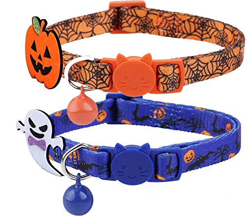 BoomBone 2 Pack Cat Halloween Collar,Kitten Collars for Small Dogs with Bell and Pumpkin Ghost Charm by Upaw