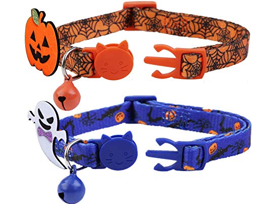 BoomBone 2 Pack Cat Halloween Collar,Kitten Collars for Small Dogs with Bell and Pumpkin Ghost Charm by Upaw