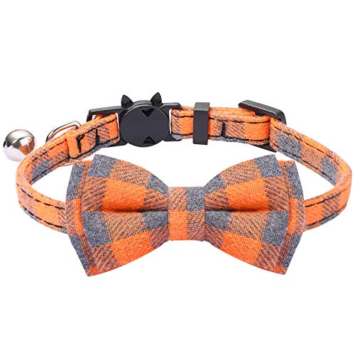 LaReine Breakaway Cat Collar with Bell & Bow Tie, Cute Plaid ​Print, Pack of 1 Adjustable Kitty Safety Collars, Neck 7"-11", Orange by LaReine